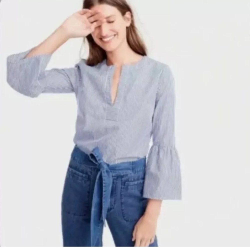 100% Cotton J.Crew Bell-Sleeve Top - Women's 8P Blue & White Stripes Office